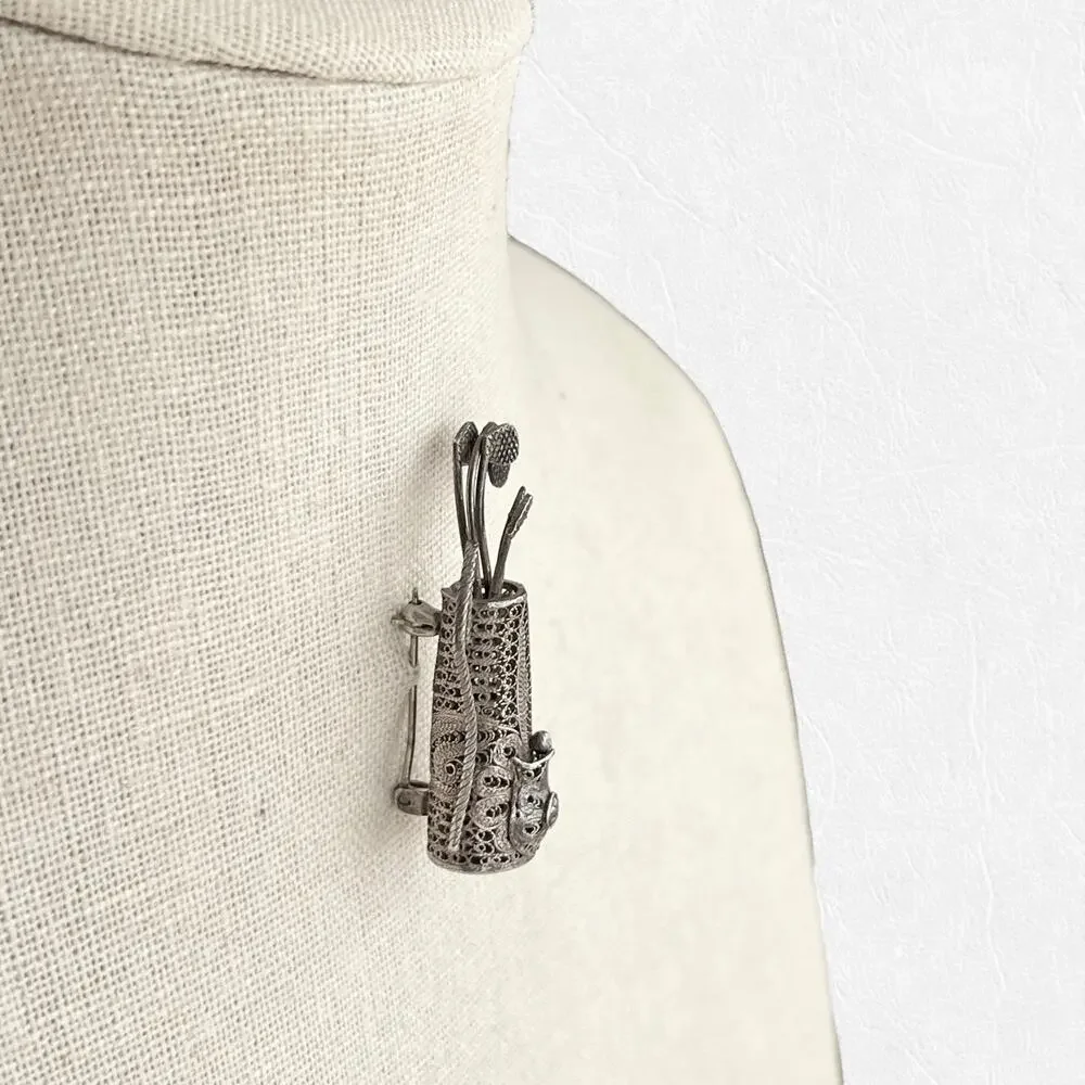 Vintage Filigree Brooch Golf Clubs Bag Handcrafted Pin Ornate Silver Tone Estate